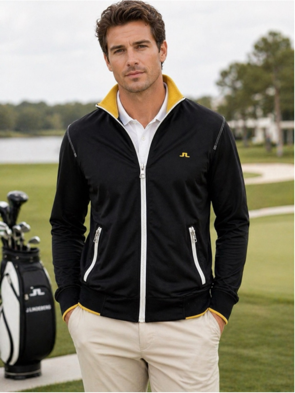 J.Lindeberg Jacket Men's M Full Zip Golf Wear Athleisure Minimalist Black Yellow